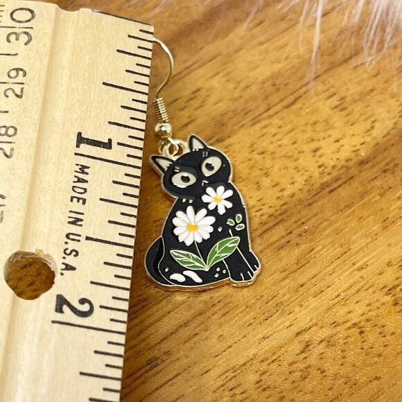 Cat Lover Earrings Kitten Jewelry Flower Enamel Hippie‎ Art to Wear Dangle New - Picture 3 of 3